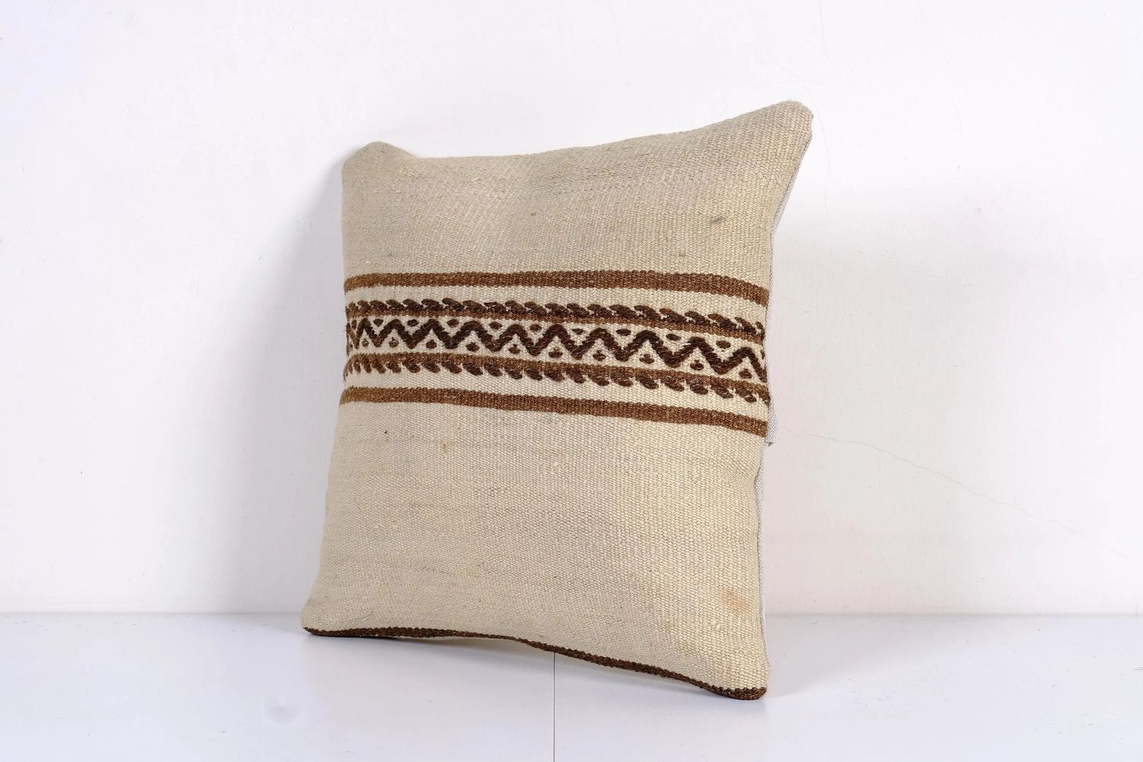 Handmade Organic Hemp Kilim Cushion, White And Brown Turkish Sofa Boho Pillow Cover photo for sale