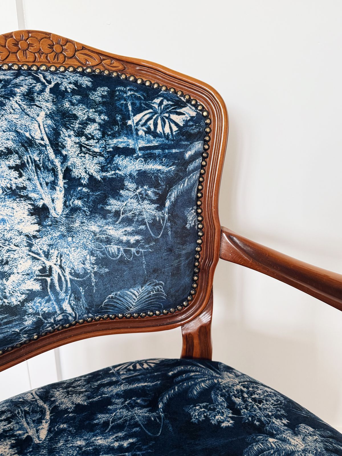 Restored Louis XV Style Armchair   Scenic Deep Blue Upholstery, Solid Wood Frame photo for sale
