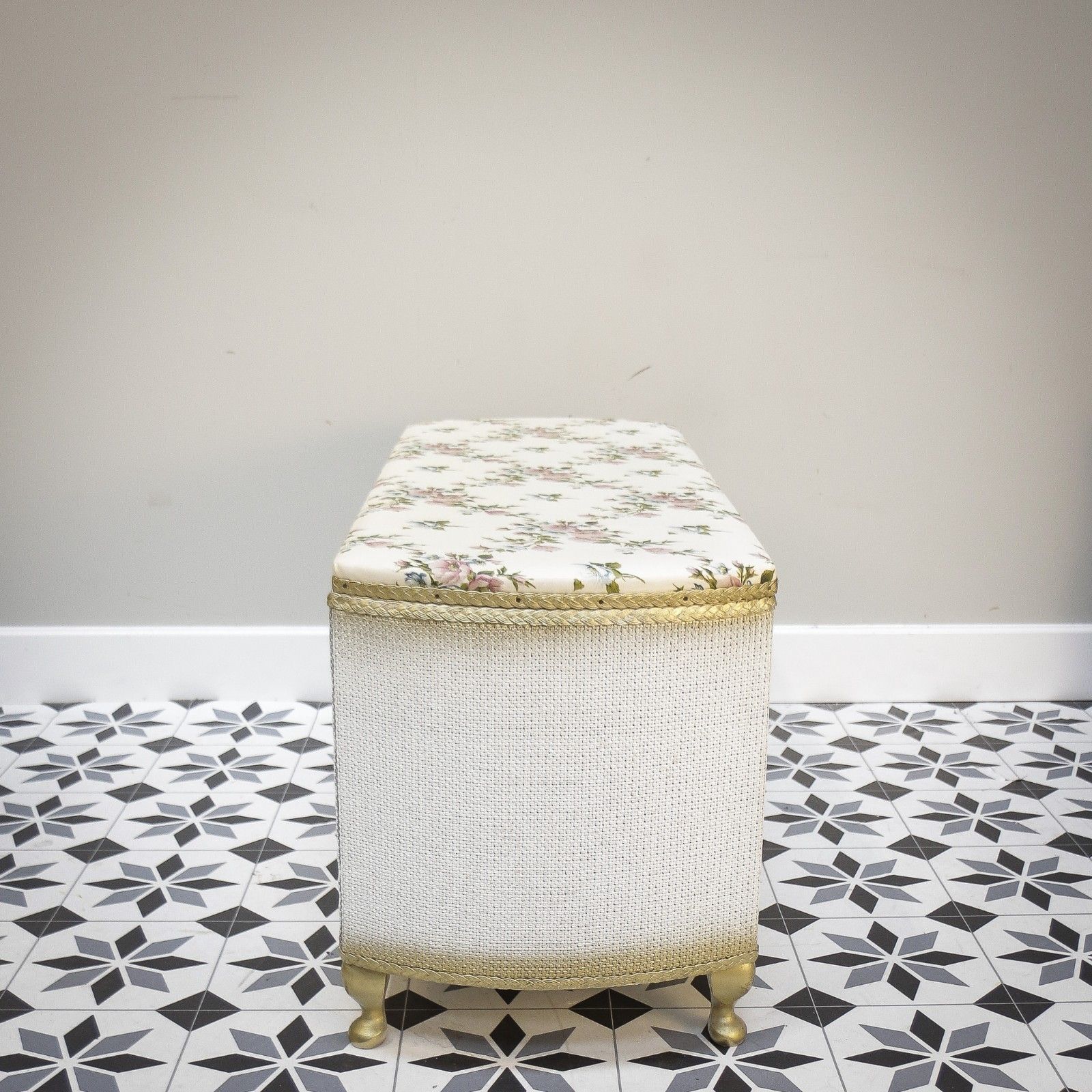photo furniture Lloyd Loom Ottoman Bedside Table And Chair Matching Set In White And Gold
