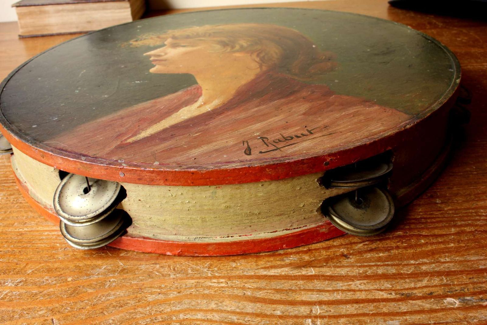 Antique Painted Tambourine. Oil Painting Lady Portrait. French Folk Art. photo buy