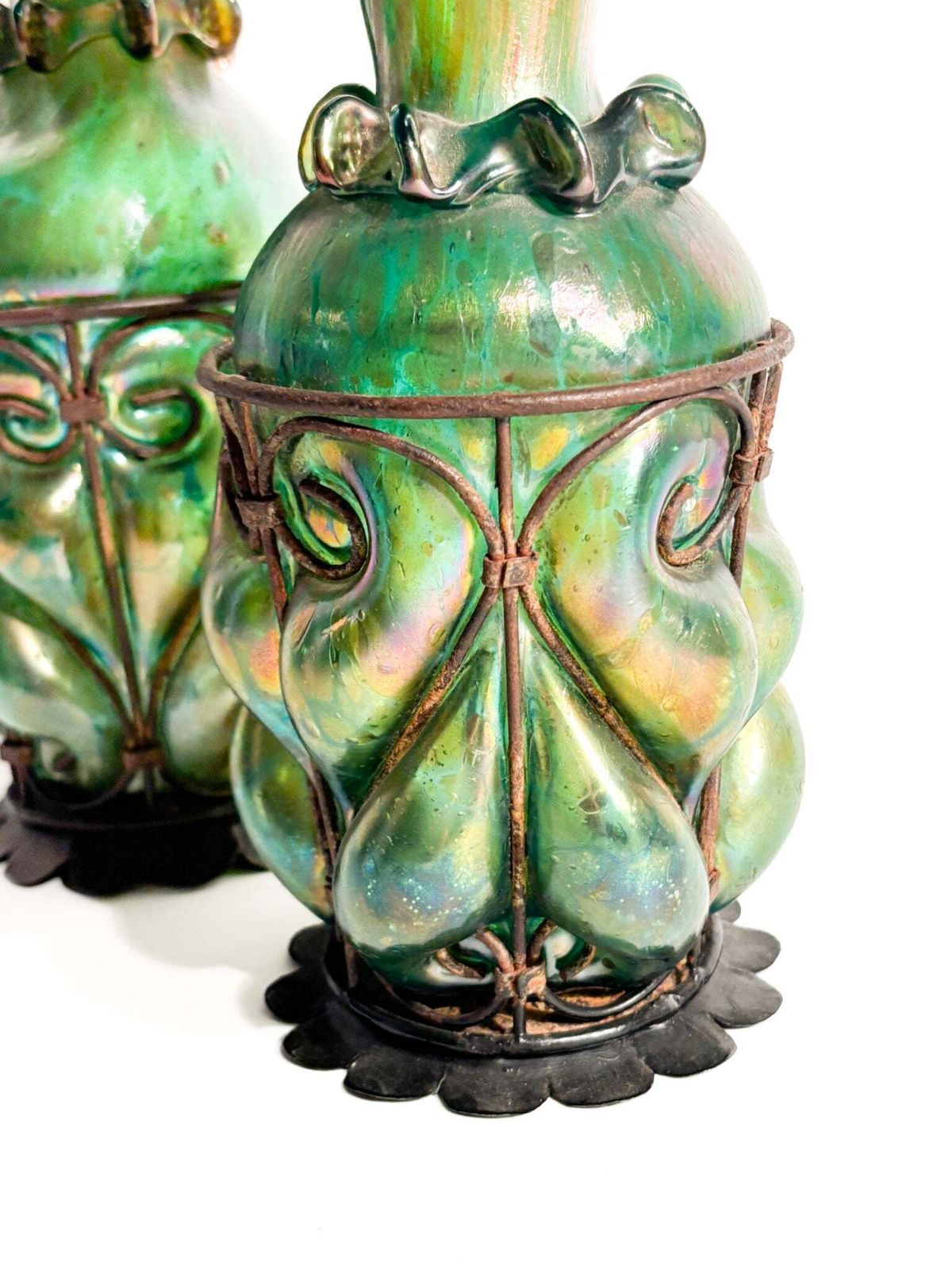 Pair Of Loetz Glass And Wrought Iron Vases From The 1920s photo vinterior