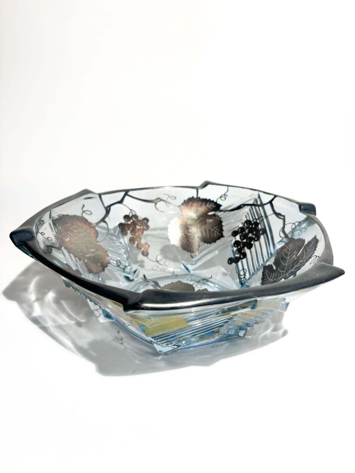 Art Nouveau Glass Centerpiece Bowl With Silver Plated Metal Decorations, 1920s