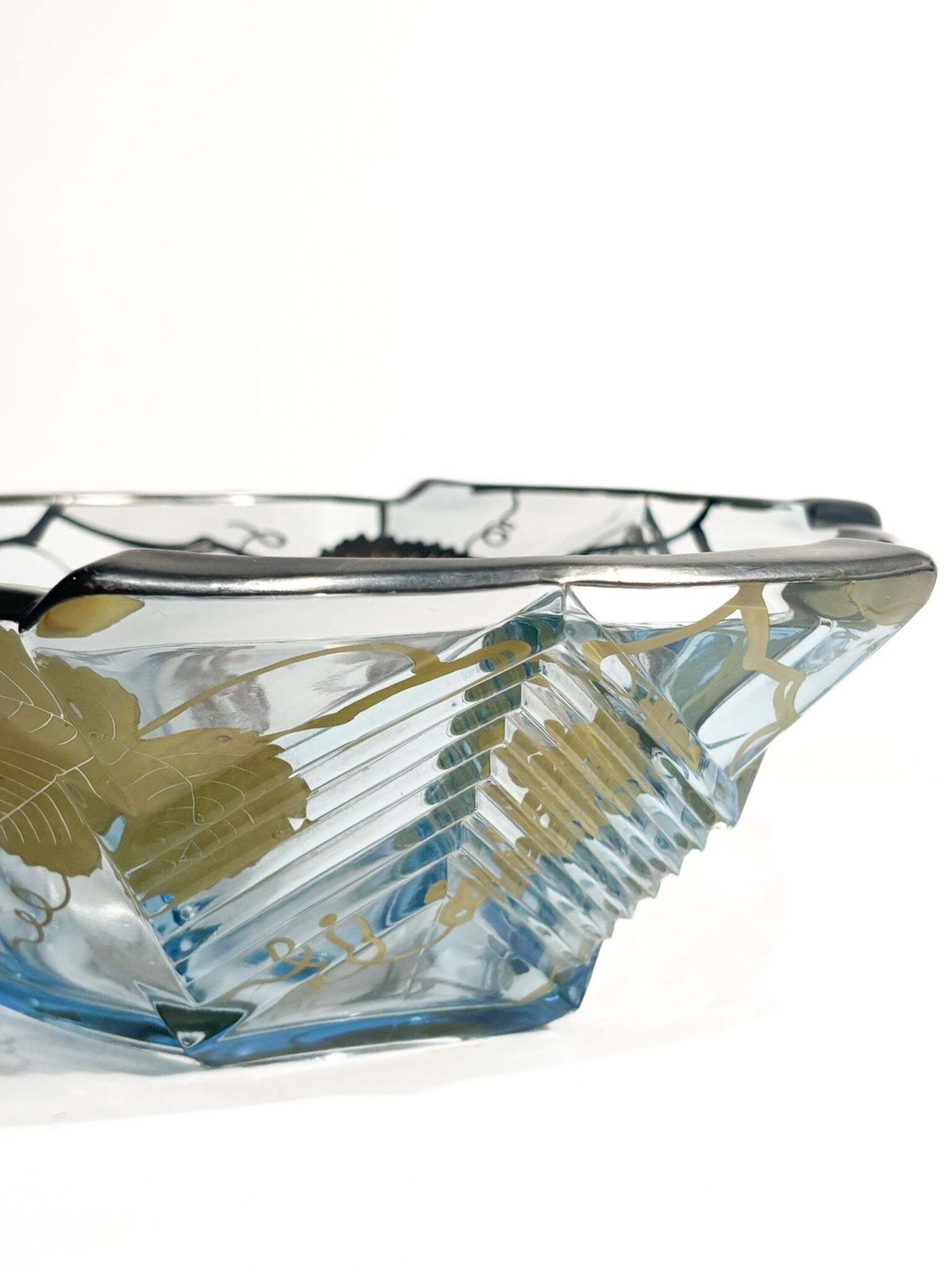 photo furniture Art Nouveau Glass Centerpiece Bowl With Silver Plated Metal Decorations, 1920s
