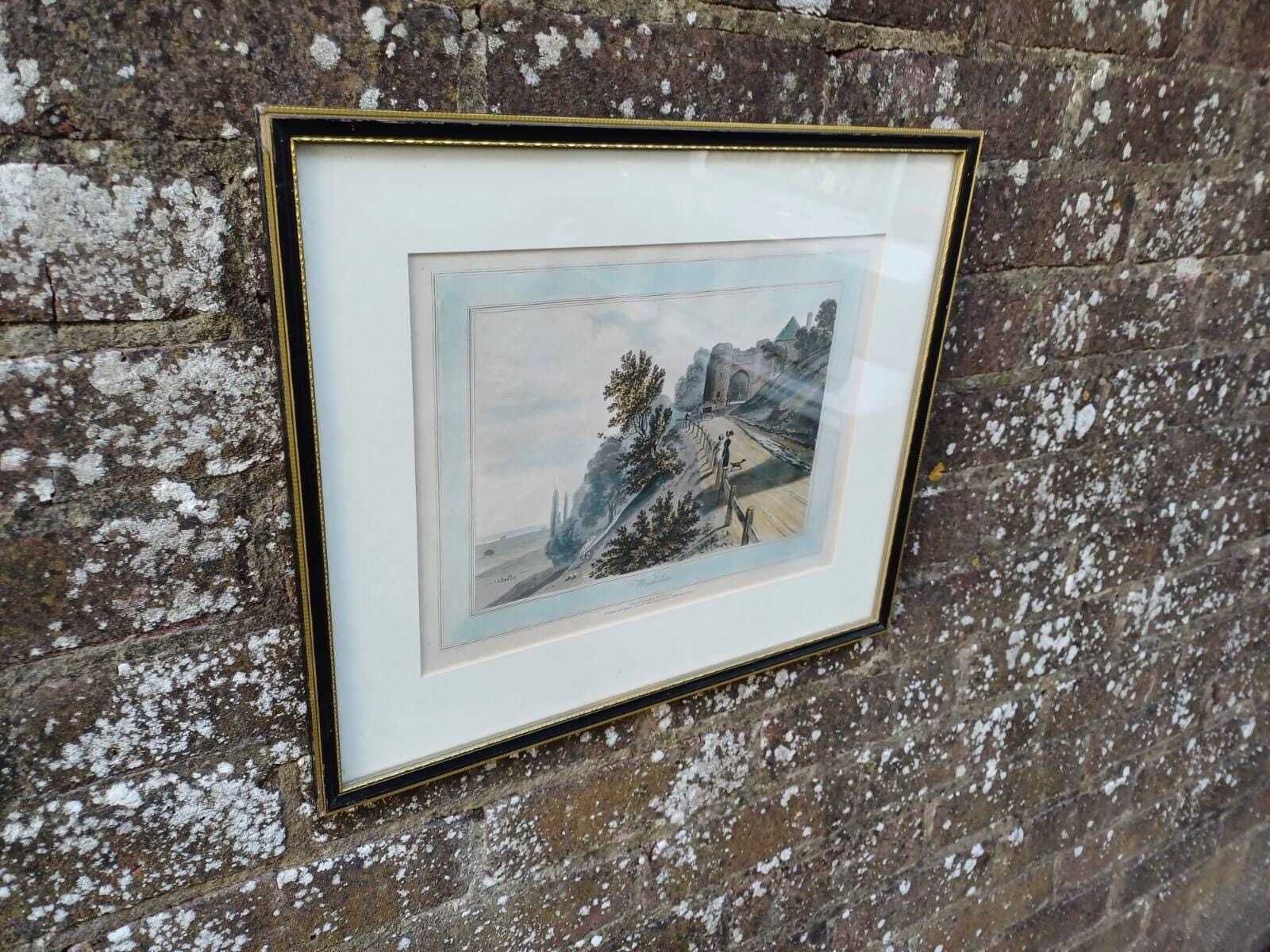 Antique Hand Coloured Print Winchelsea Sussex C1820s Georgian Town Gate Landscape Framed Historic Wall Art, W Daniell Engraving, Cinque Port photo 74.0