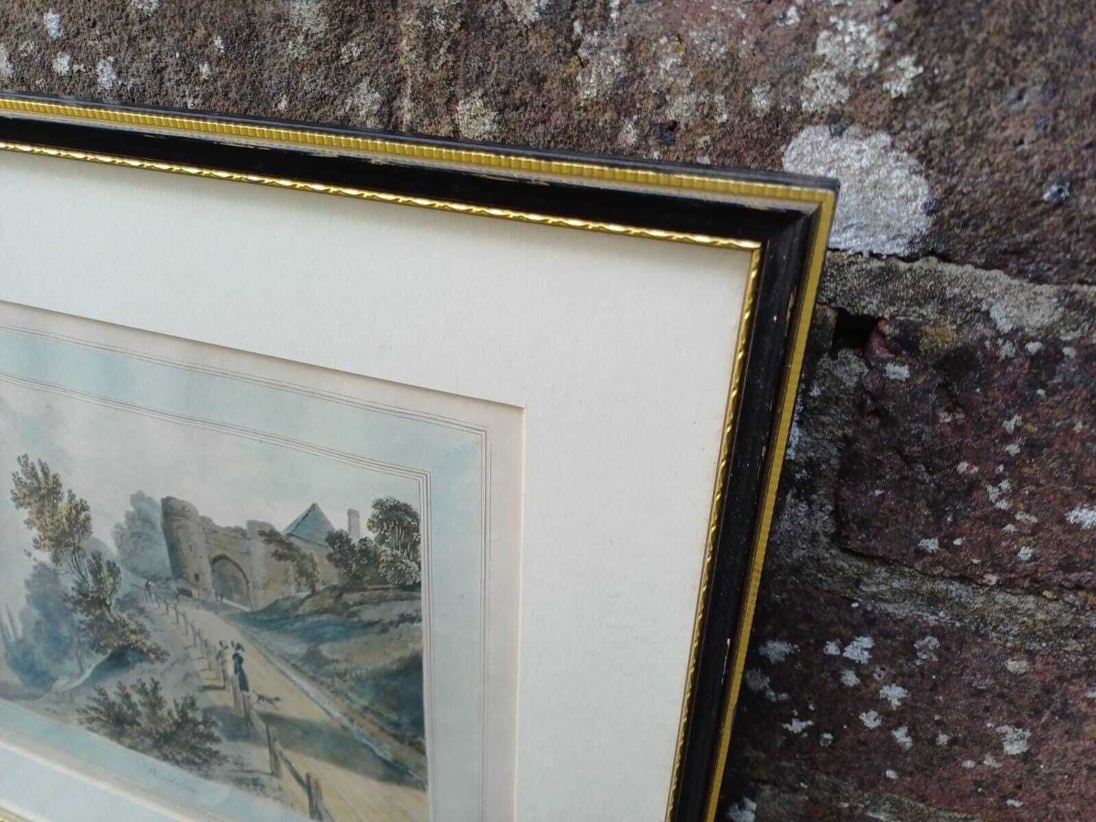 Antique Hand Coloured Print Winchelsea Sussex C1820s Georgian Town Gate Landscape Framed Historic Wall Art, W Daniell Engraving, Cinque Port photo vintage