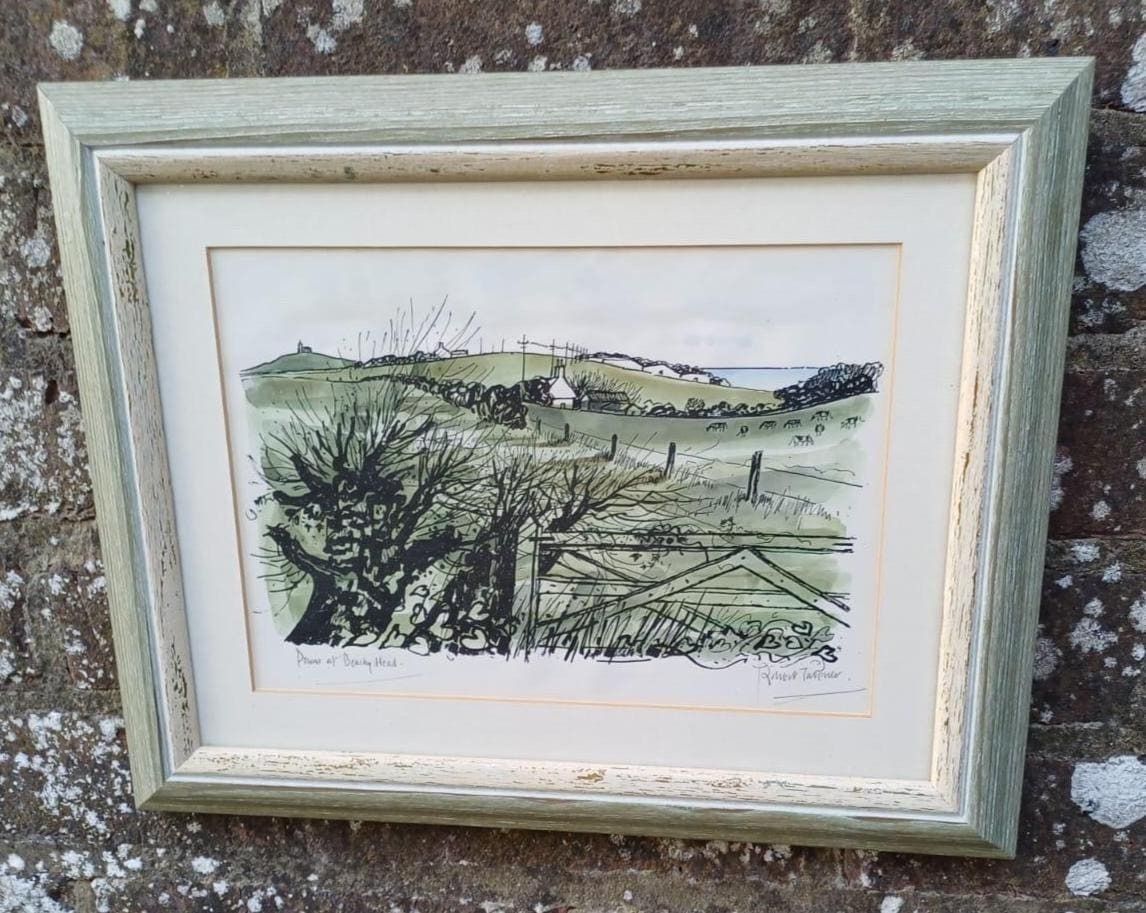 Vintage Signed Lithograph Of Beachy Head, South Downs, Sussex By Robert Taverner (1920 2004), Coastal Landscape Framed English Seaside Art