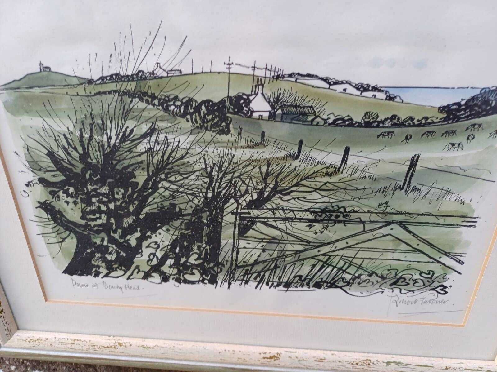 Vintage Signed Lithograph Of Beachy Head, South Downs, Sussex By Robert Taverner (1920 2004), Coastal Landscape Framed English Seaside Art photo furniture