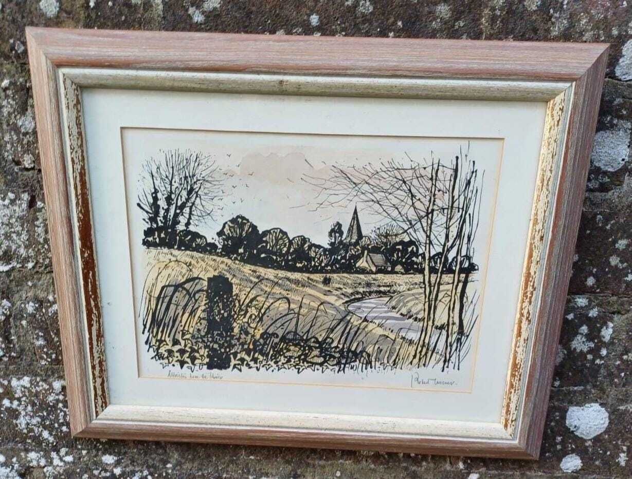 Vintage Signed Lithograph Of Alfriston Sussex By Robert Taverner (1920 2004), Village Landscape Framed English Countryside Art