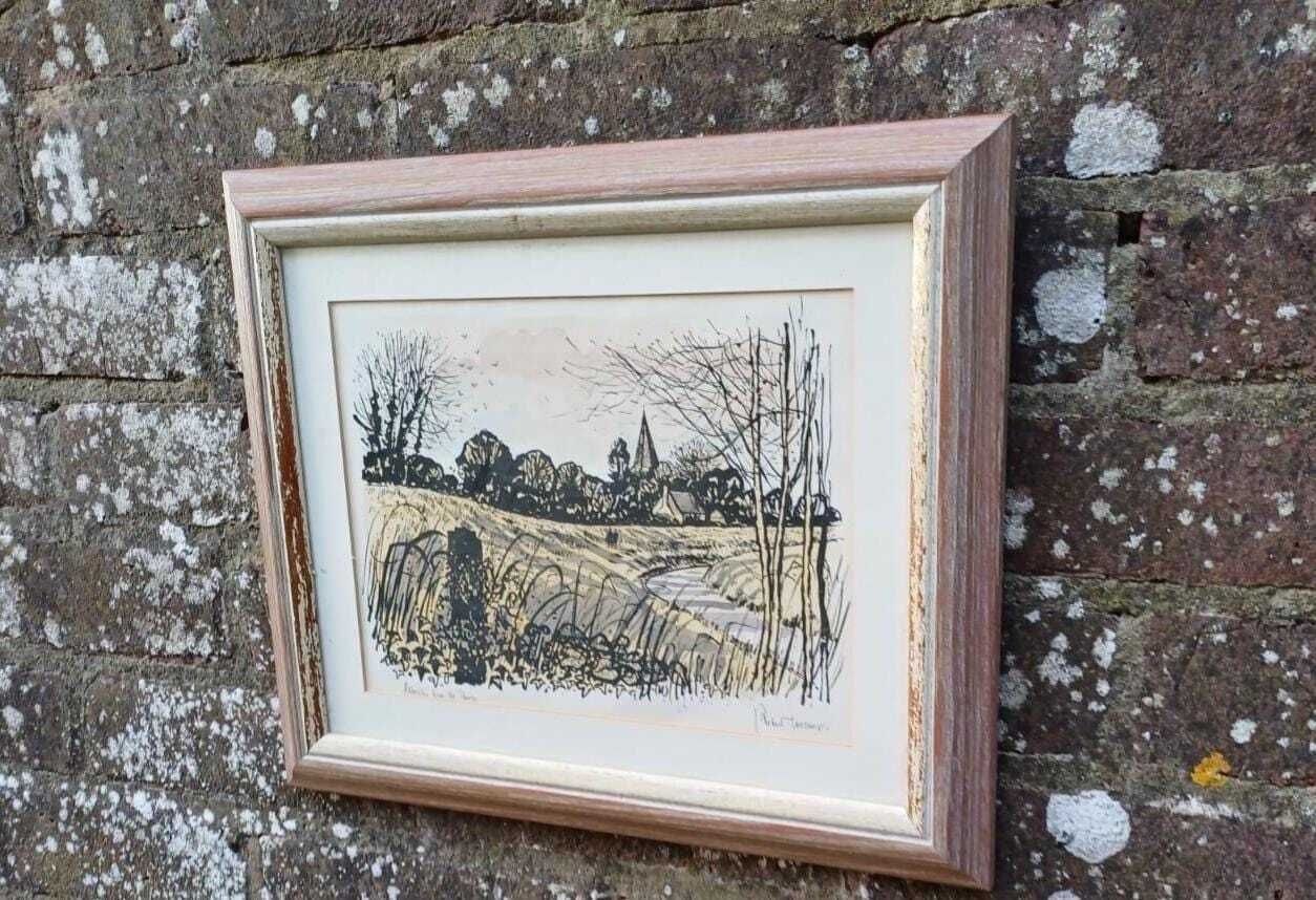 Vintage Signed Lithograph Of Alfriston Sussex By Robert Taverner (1920 2004), Village Landscape Framed English Countryside Art photo furniture