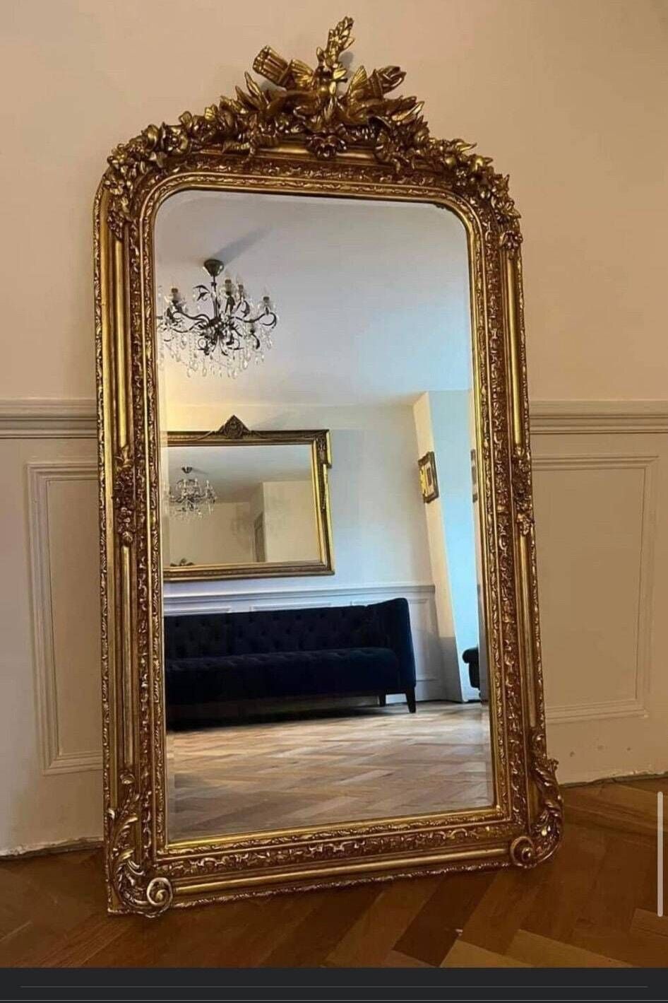 Stunning French Style Gilt Wood Mirror With Carved Doves. photo furniture