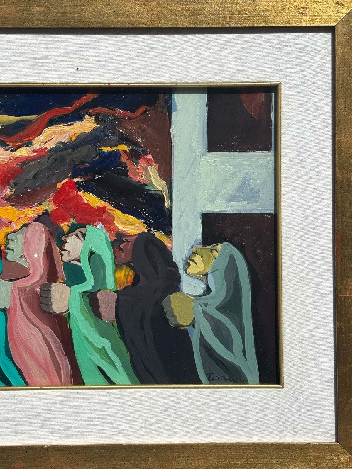 Oil On Panel Painting 'The Procession' By Saverio Terruso, 1970s photo for sale