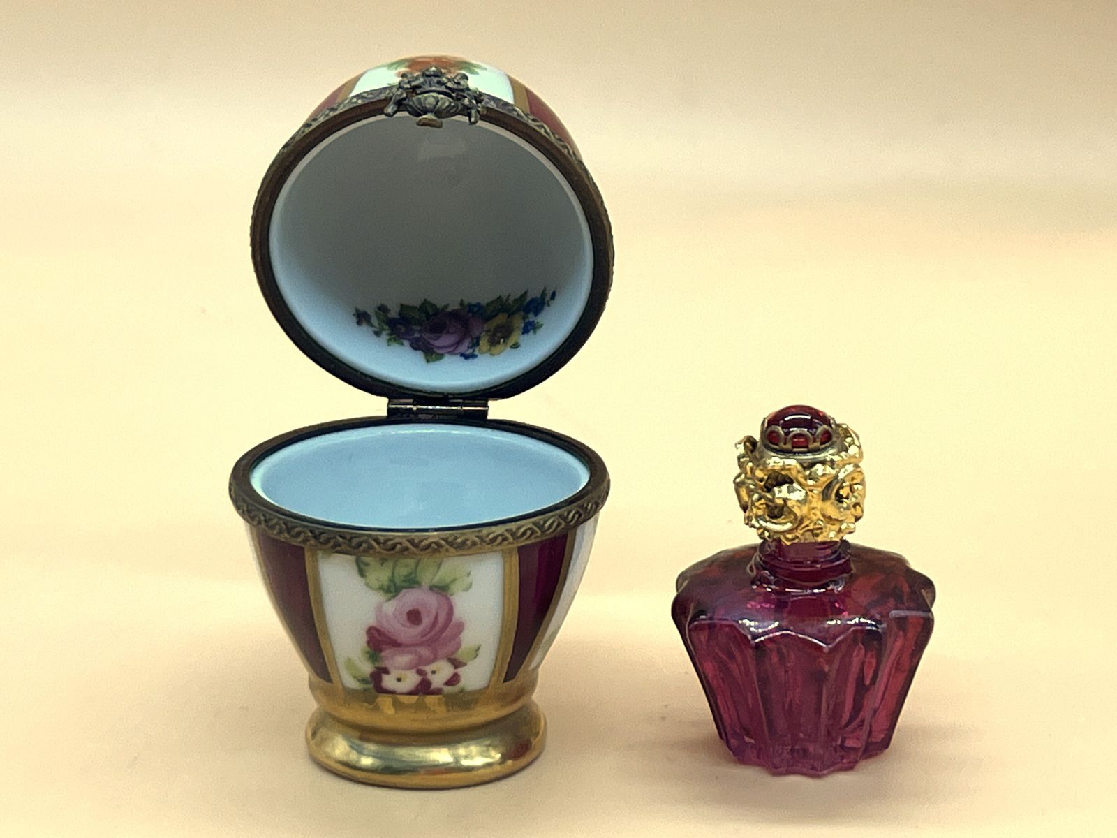 Limoges Porcelain France Egg Shaped Box With Internal Red Glass Perfume Bottle. photo buy