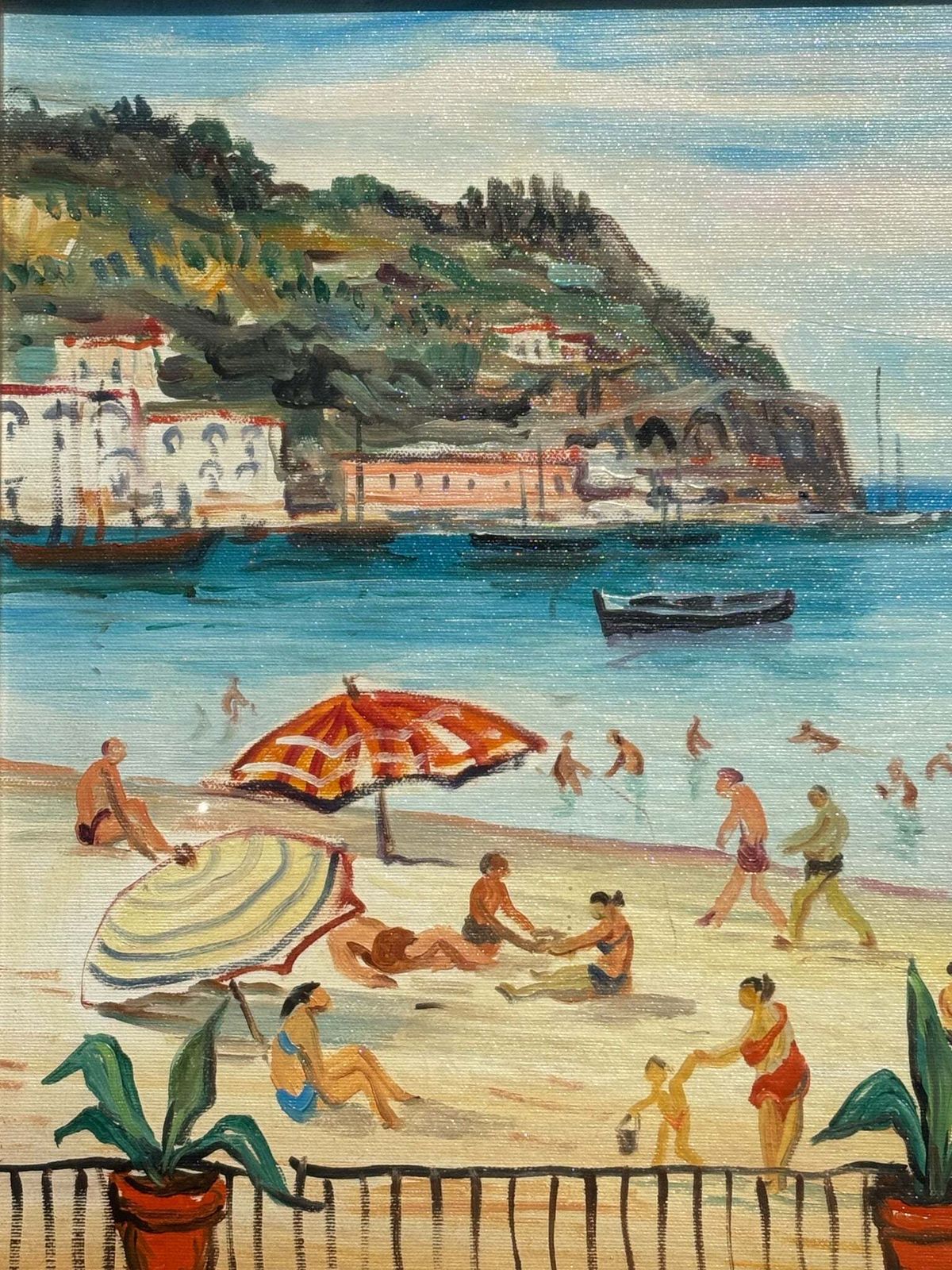 Oil On Canvas Painting 'At The Beach' By Mario Cortiello, 1960s photo vintage