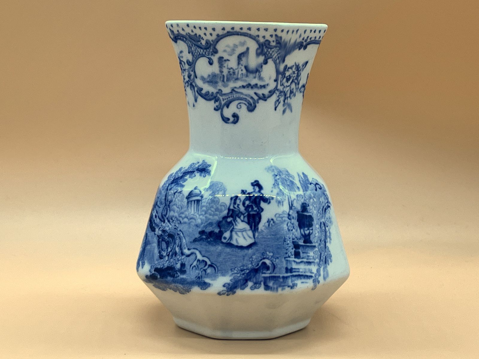 Antique Masons Ironstone Romantic Design Octagonal Vase. C1920's. 5.75".