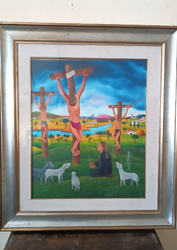 Oil Painting On Canvas Cesare Marchesini (Monza 1939) Crucifixion Naif photo furniture