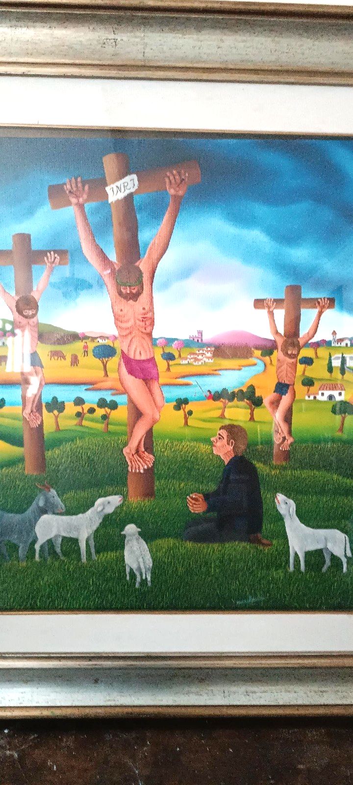 Oil Painting On Canvas Cesare Marchesini (Monza 1939) Crucifixion Naif photo vinterior