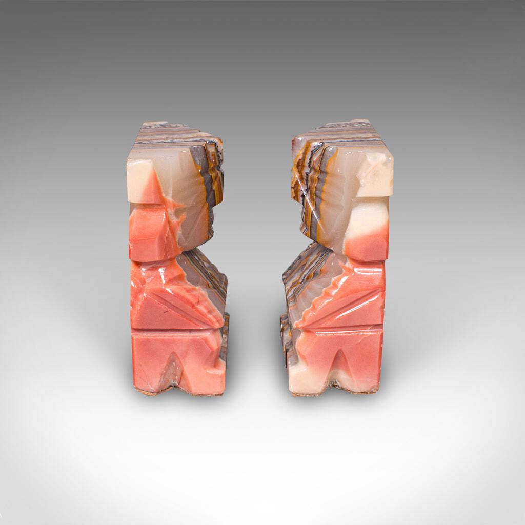Pair Of Vintage Aztec Figure Bookends, Banded Agate, Book Rest, Art Deco, C.1930 photo vinterior