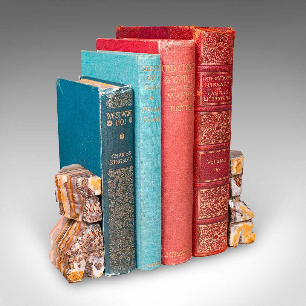 photo furniture Pair Of Vintage Aztec Figure Bookends, Banded Agate, Book Rest, Art Deco, C.1930