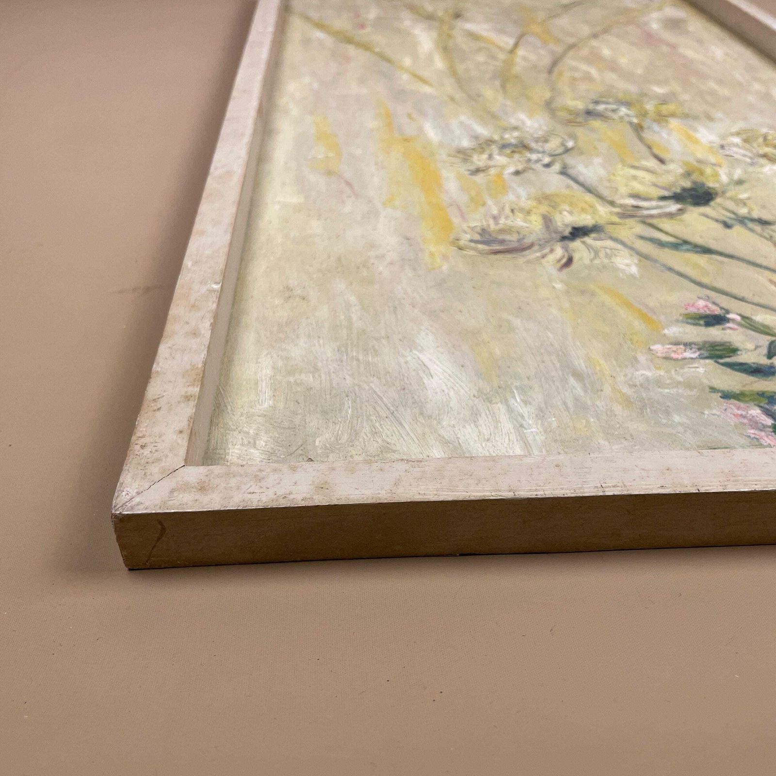 Mid Century Abstract Impressionist Floral Oil Painting On Board With White Painted Wooden Frame Vintage Yellow Flower Wall Art photo buy