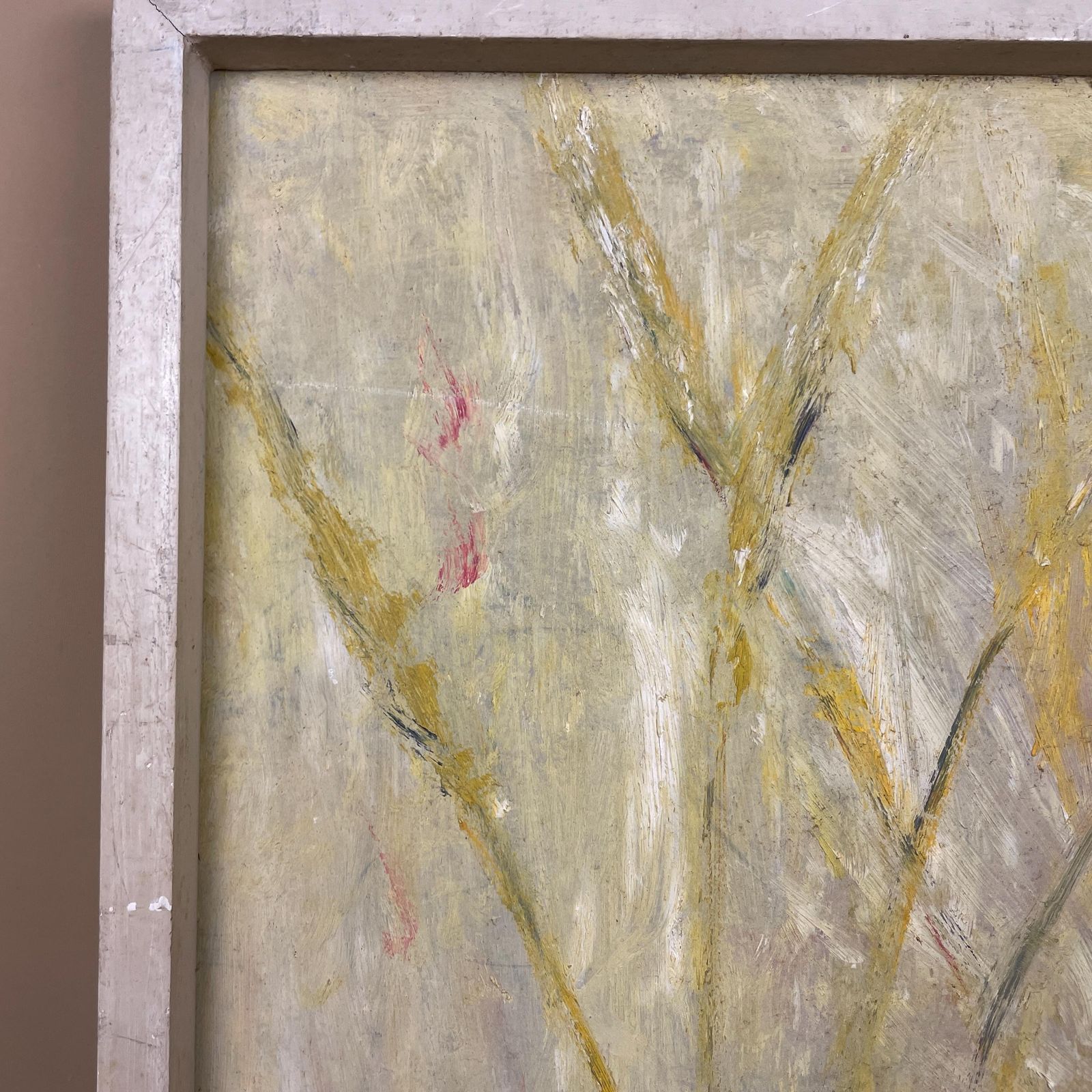 photo for sale Mid Century Abstract Impressionist Floral Oil Painting On Board With White Painted Wooden Frame Vintage Yellow Flower Wall Art