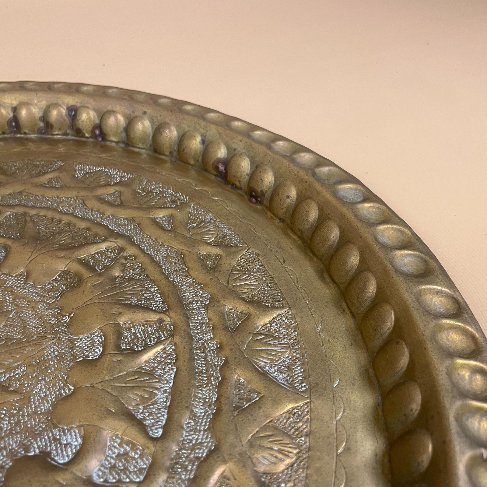 Antique Metal Gold Indian Patterned Brass Tray 42cm Plate Asian Handmade Etched Intricate Decorative Patterned Wall Art Round Vintage photo for sale