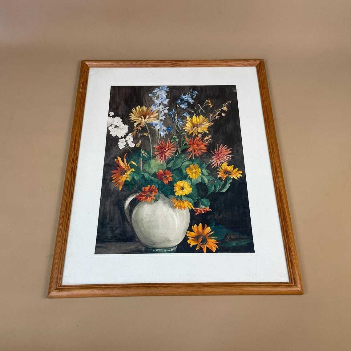 Watercolour Painting Still Life Floral Picture Flowers Wooden Frame White Mount Original Art Artwork Rectangle Portrait Wall Hanging