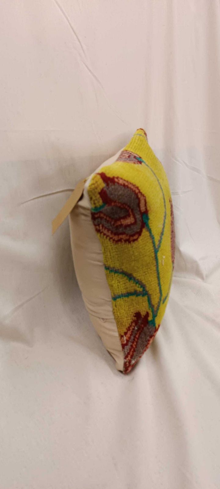 Floral Kilim Cushion Cover: Mustard, Turquoise Wool Rug Pillow (40x35 Cm) photo vinterior