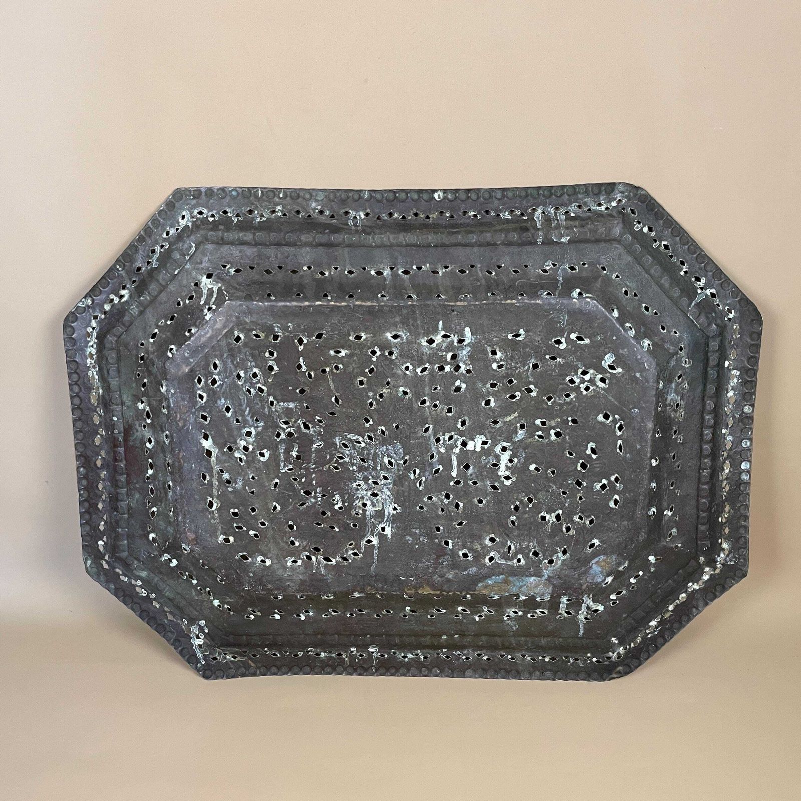 Antique Metal Gold Indian Patterned Brass Tray 61x46cm Plate Asian Handmade Etched Intricate Decorative Patterned Wall Art Octagon Vintage photo vintage