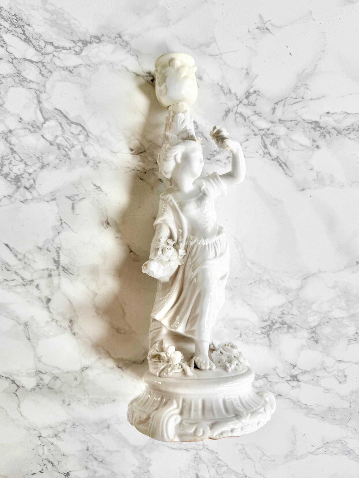 Antique White Porcelain Figurine In The Shape Of A Candlestick Rocaille 1700 Woman Flowers Romantic Floral Decor Blue Mark Underneath