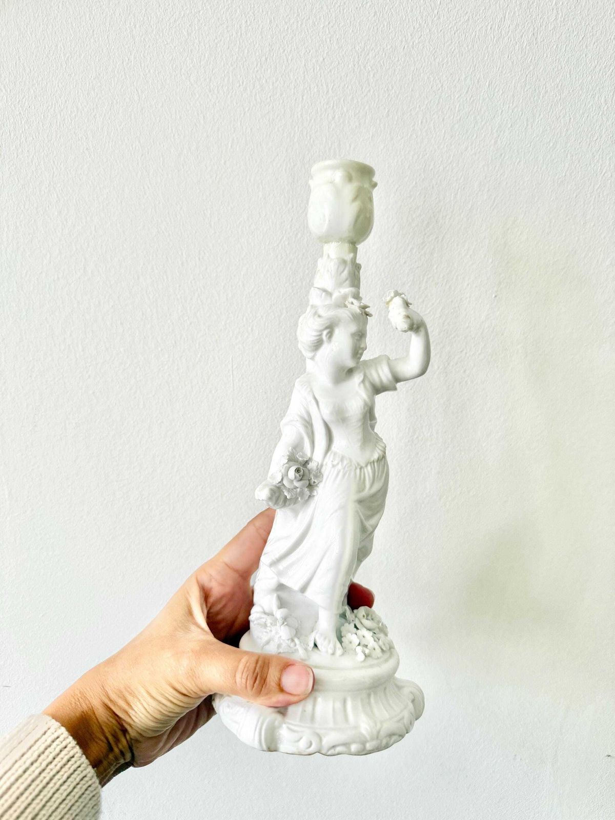 photo furniture Antique White Porcelain Figurine In The Shape Of A Candlestick Rocaille 1700 Woman Flowers Romantic Floral Decor Blue Mark Underneath