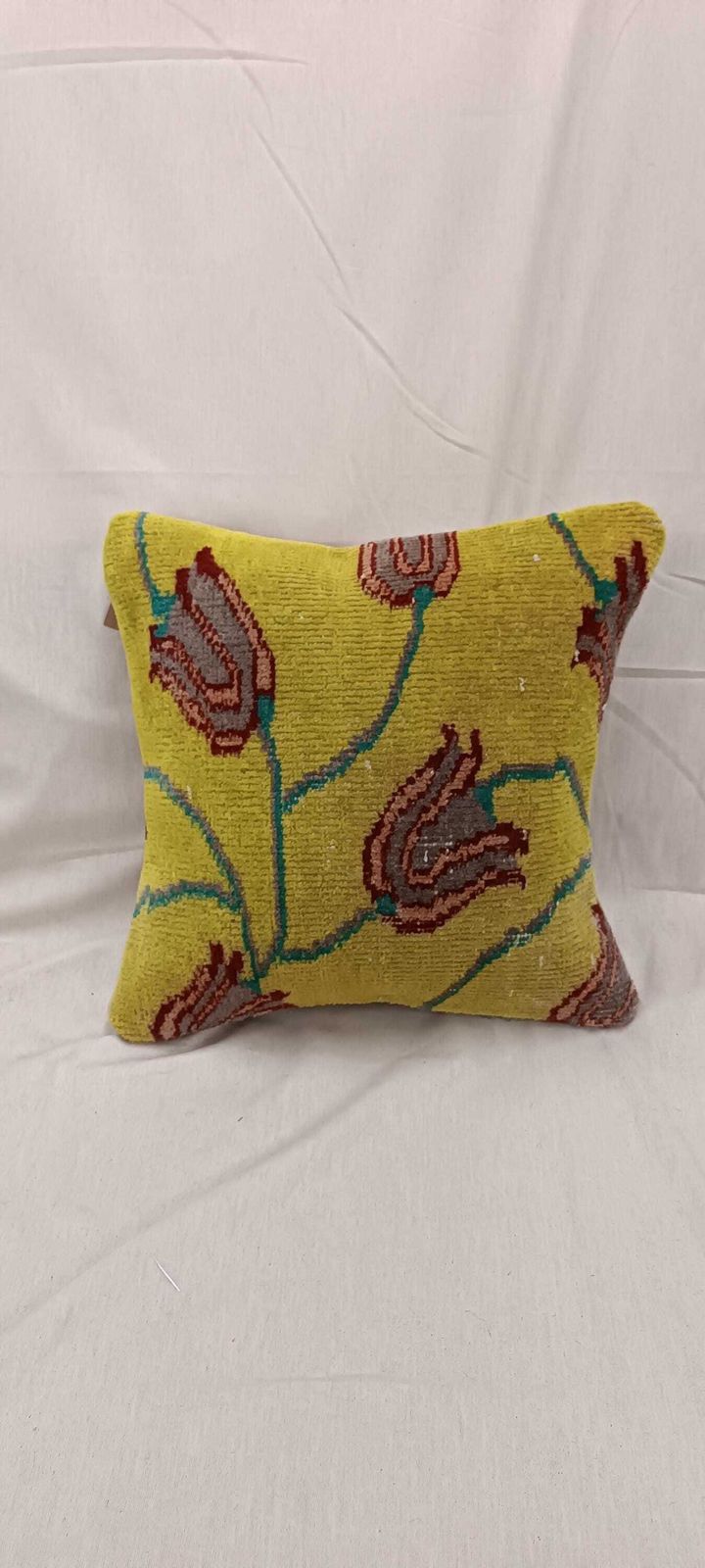 Yellow Cushion Cover, Antique Floral Style Rug Cushion, Turkish Pillow, Scatter Cushion, Rug Pillow, Kilim Cushion 16''X16'' / 40x40 Cm photo for sale