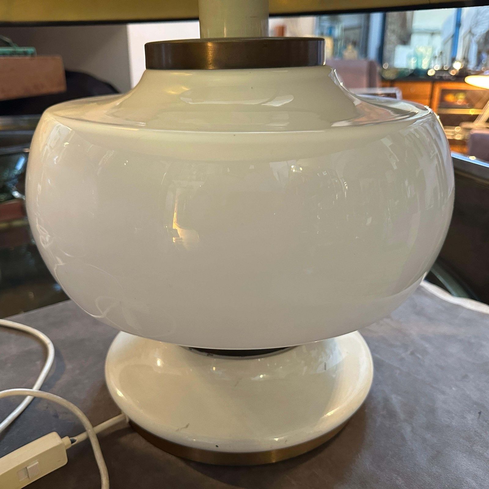 photo furniture 1970s Mid Century Modern White Opaline Glass And Brass Italian Table Lamp