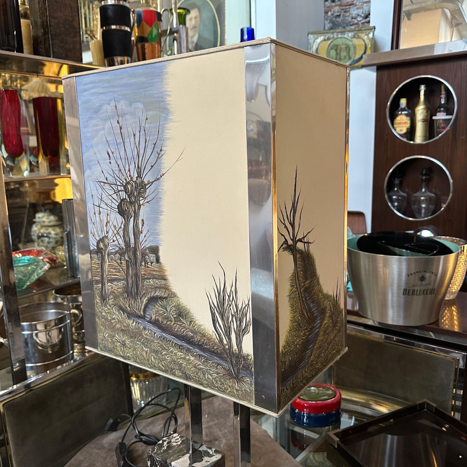 1970s Modernist Chromed Metal And Marble Table Lamp With Hand Painted Lampshade photo 1668.0