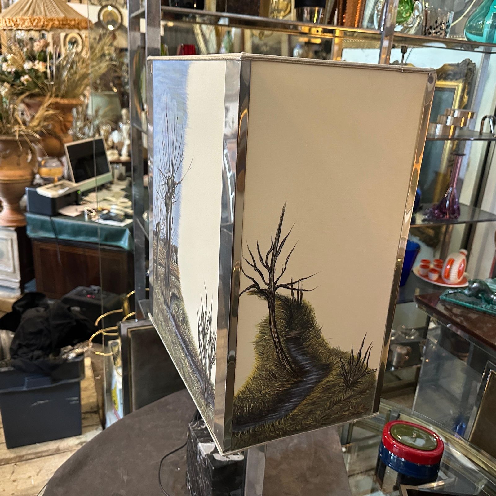 Lighting 1970s Modernist Chromed Metal And Marble Table Lamp With Hand Painted Lampshade photo
