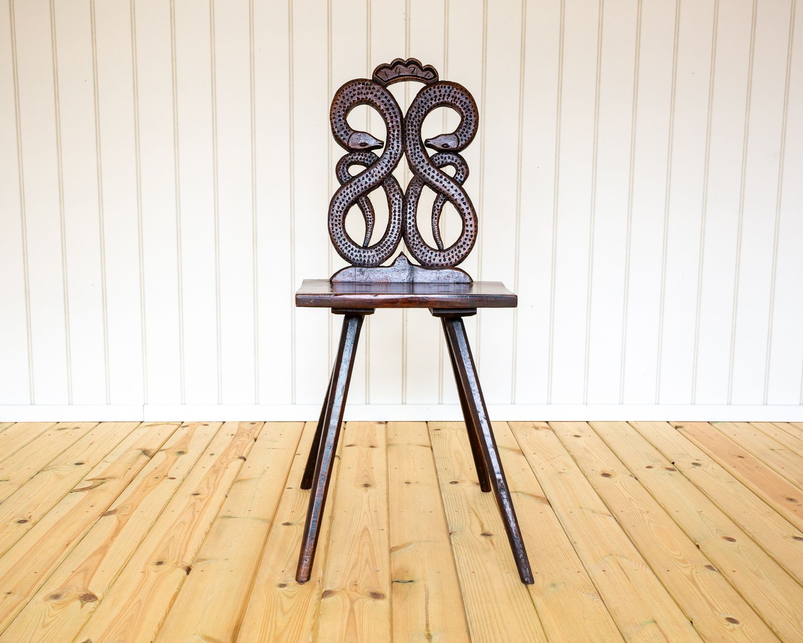 18th Century Folk Art Carved Chair Swiss Alp Historical Alsace Escabelle Tyrolean Sgabello Animal Snake Alpine Alsatian French 1770 Fine Antique photo Furniture