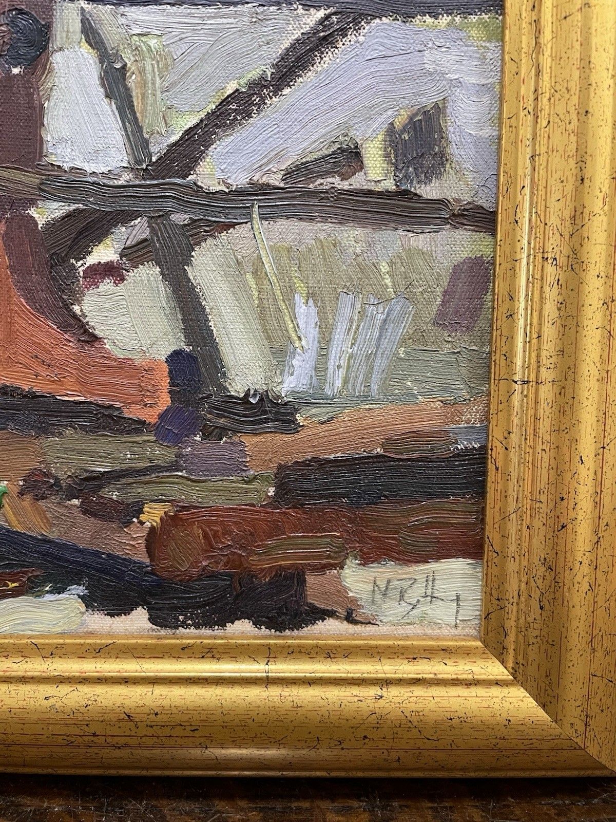 photo vinterior Vintage Original Oil Painting Shipyard/Docks Teeside Impasto Impressionist