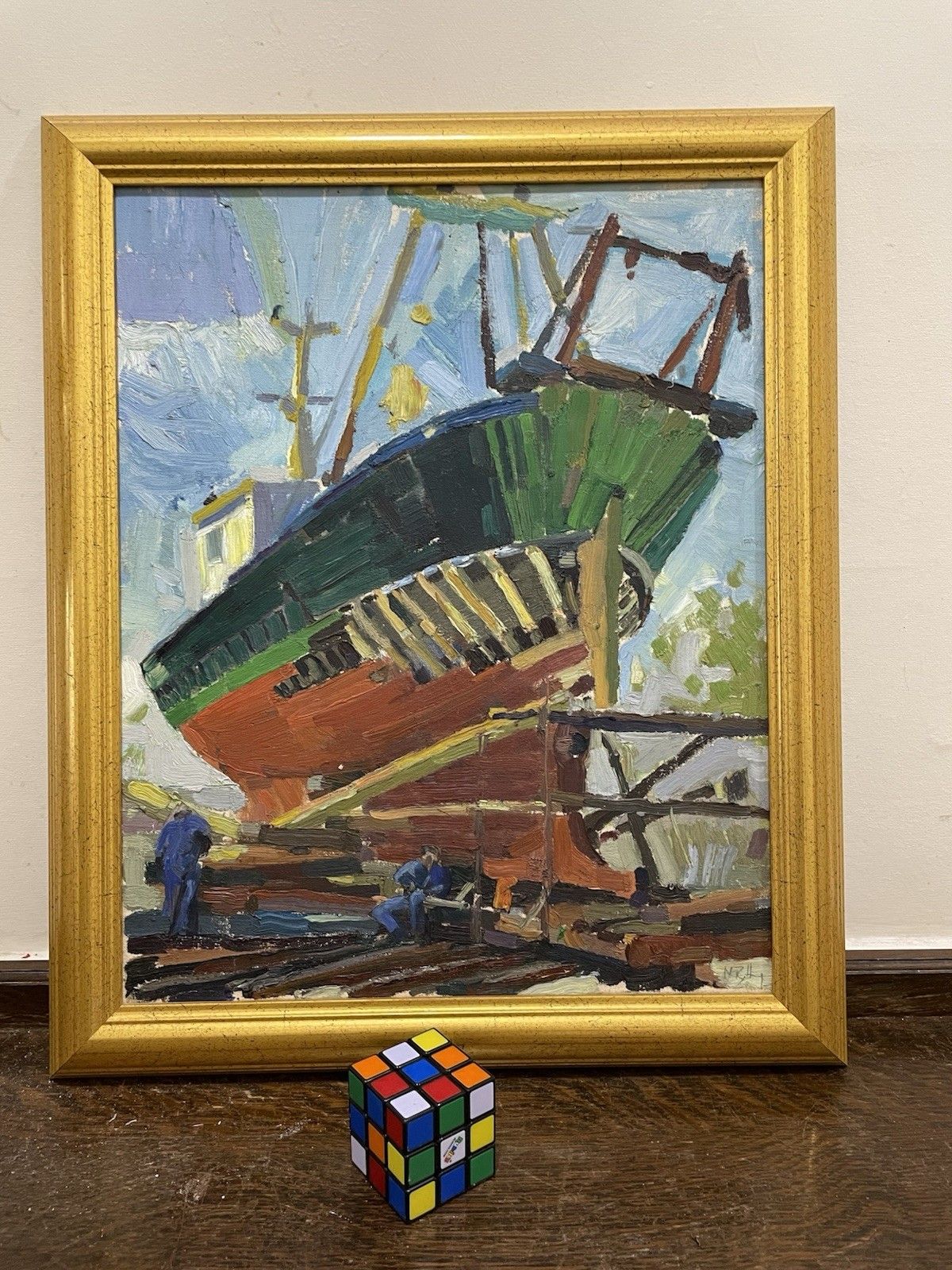 photo vintage Vintage Original Oil Painting Shipyard/Docks Teeside Impasto Impressionist