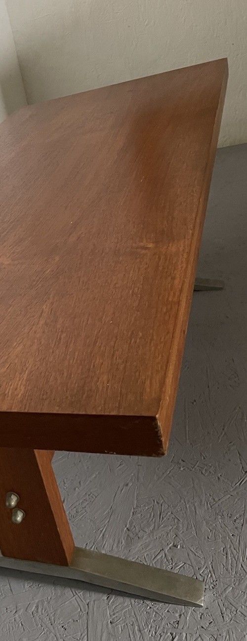 photo vintage Mid Century Modernist Teak Coffee Table Chunky Brutalist Design Aluminium Feet