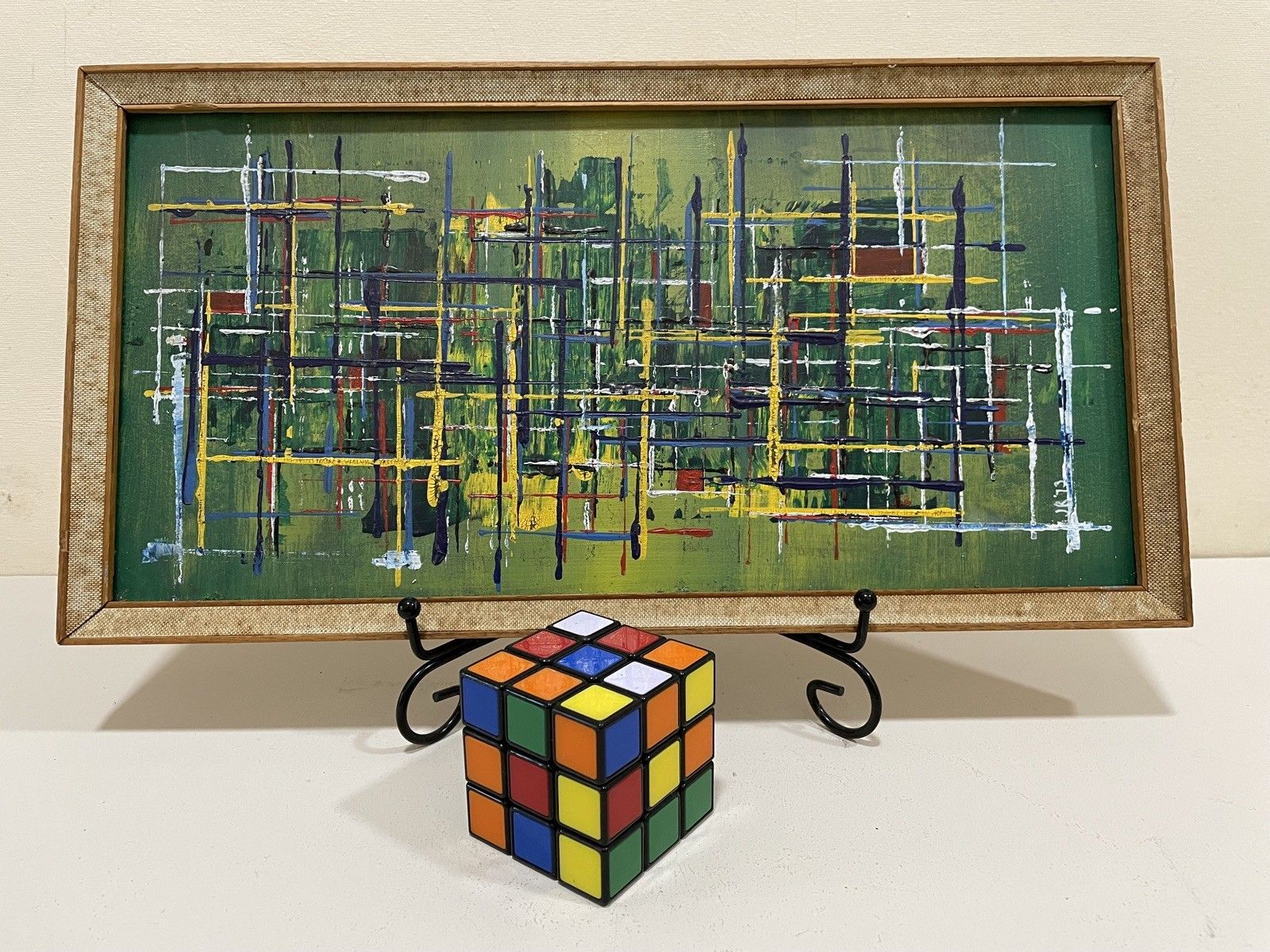 Original Abstract Mid Century Modernist Style Panorama Oil On Board Painting photo vintage