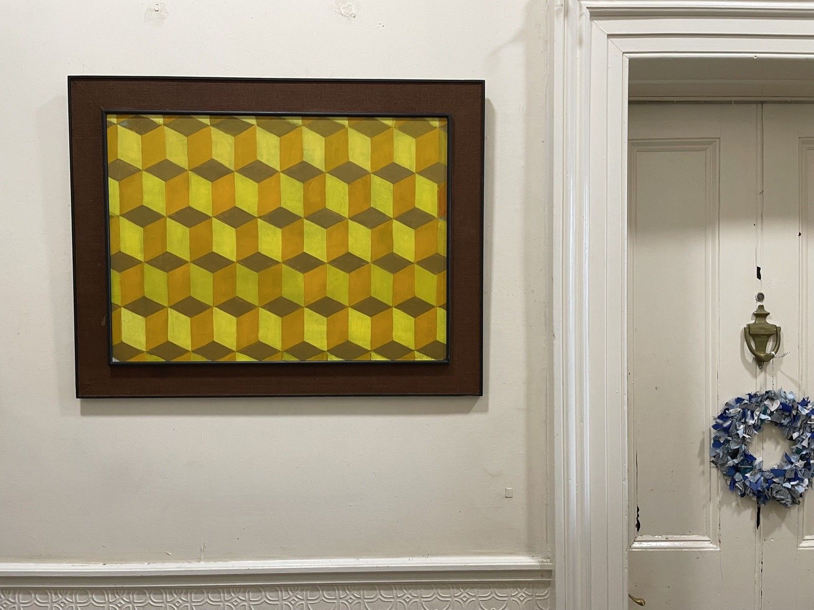 photo furniture Mid Century Op Art Oil Painting Framed Signed Vintage Modernist Bridget Riley