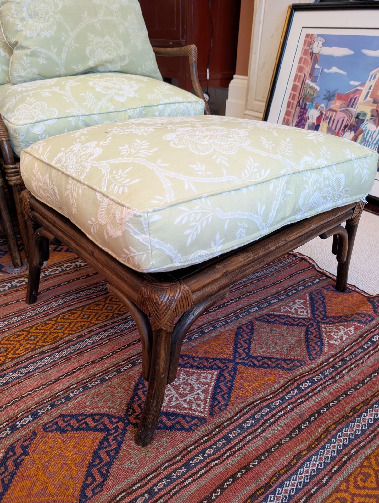 Mcguire Target Style Bamboo/Rattan Chairs With Matching Footstool photo vintage