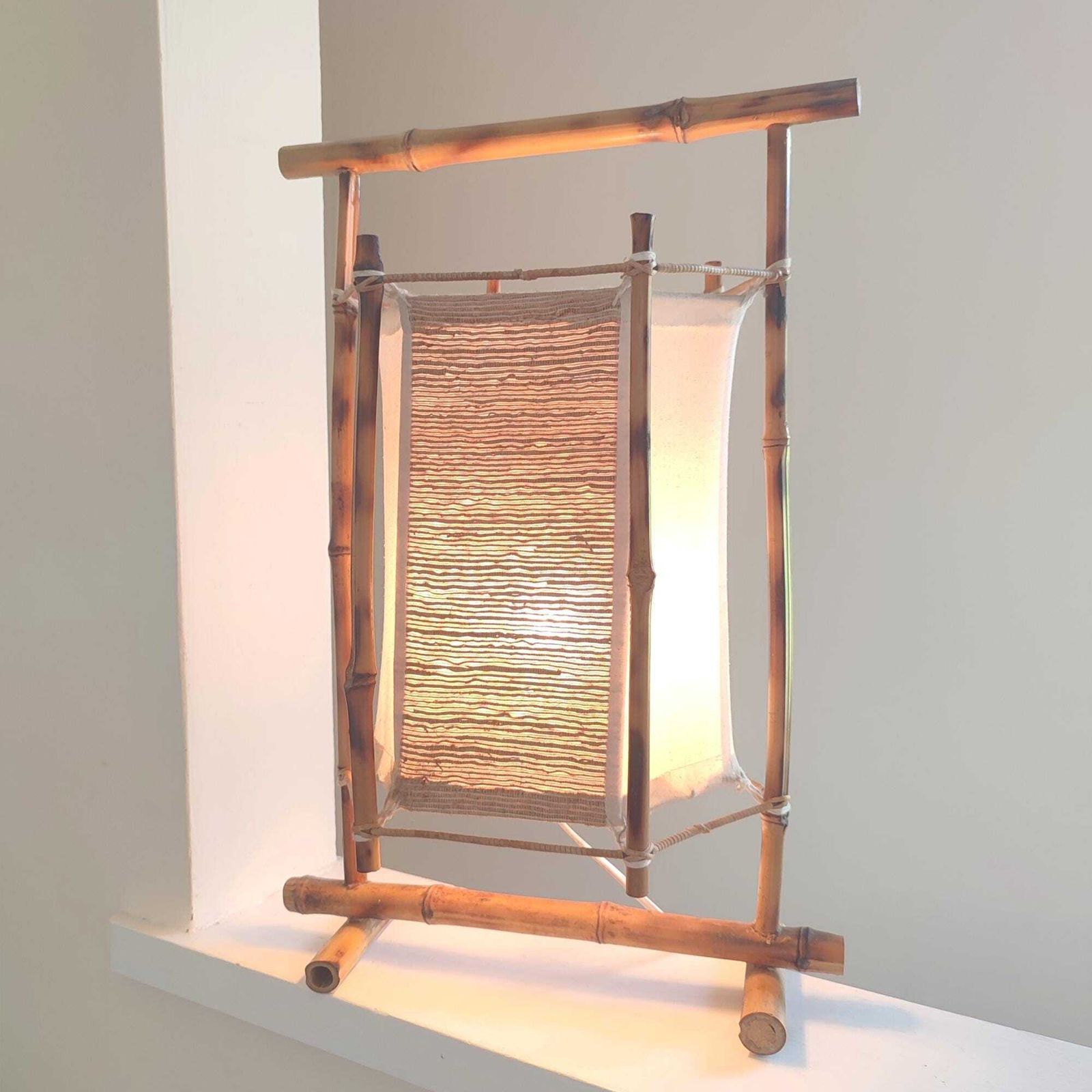60's Vintage Louis Sognot Table Lamp   Bamboo & Cotton Mid Century French Designer Lighting