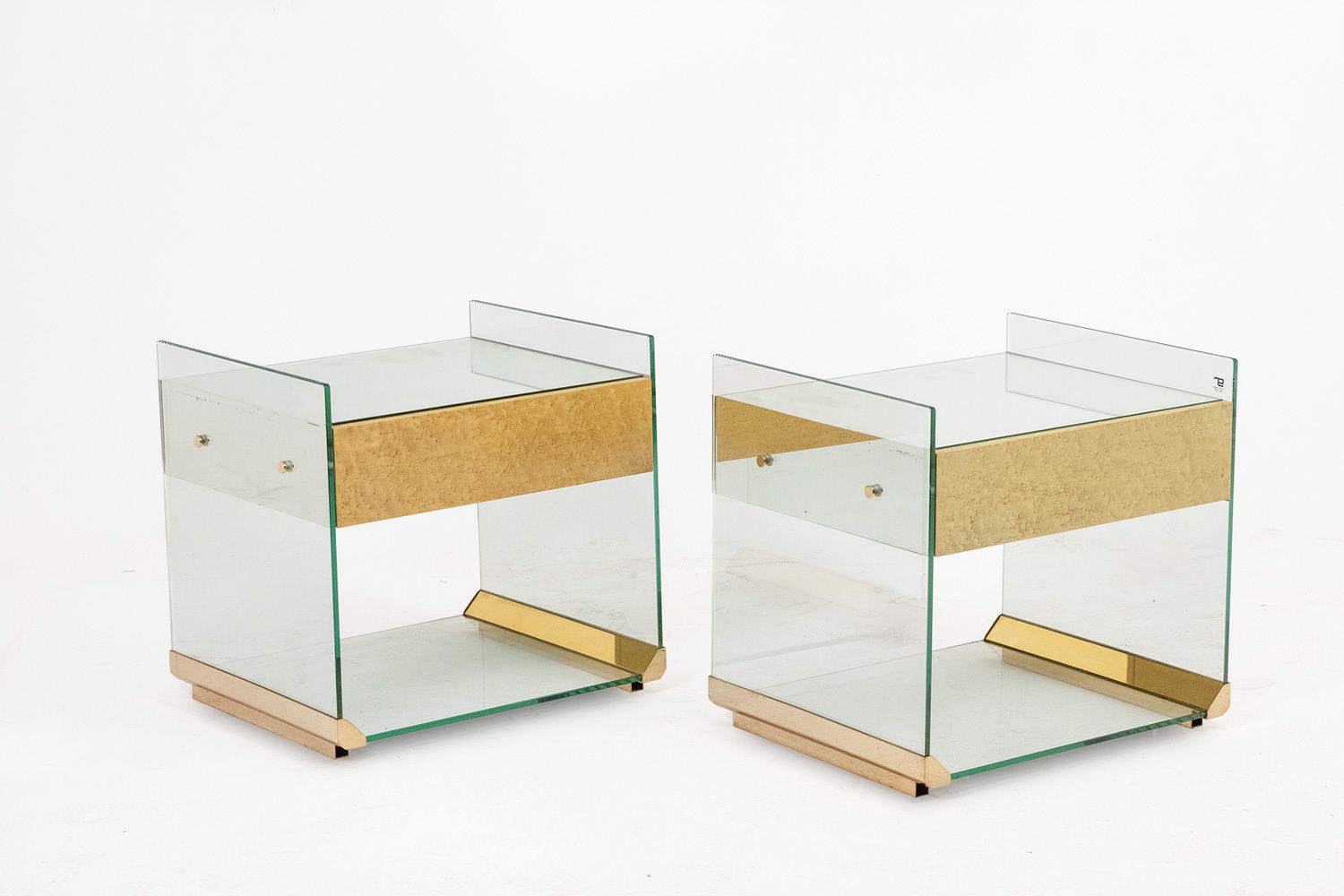 Pair Of Bedside Tables In Brass, Glass And Mirror. 70’s
