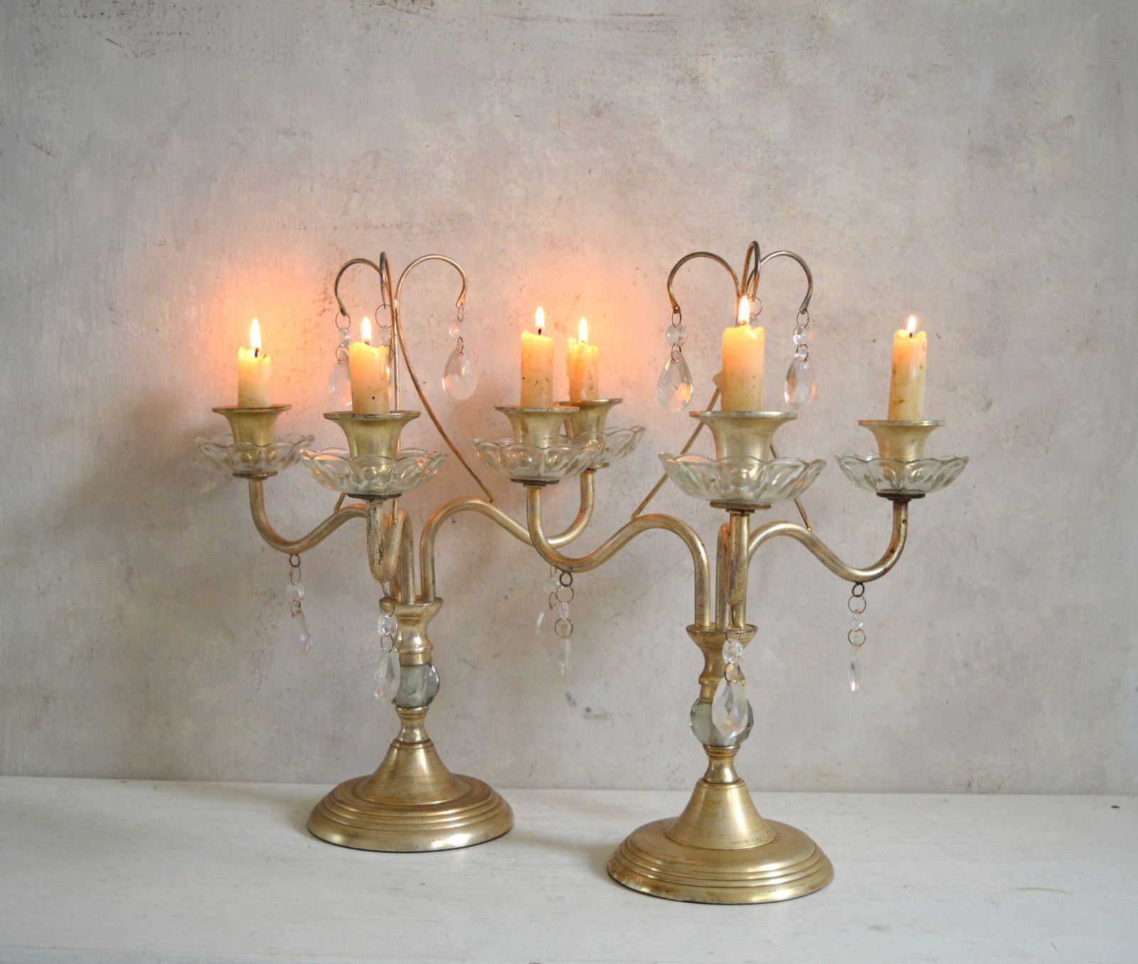 Vintage Pair French Style 3 Arm Candelabras, Blown Glass, Brass Gold Effect Candlesticks photo furniture