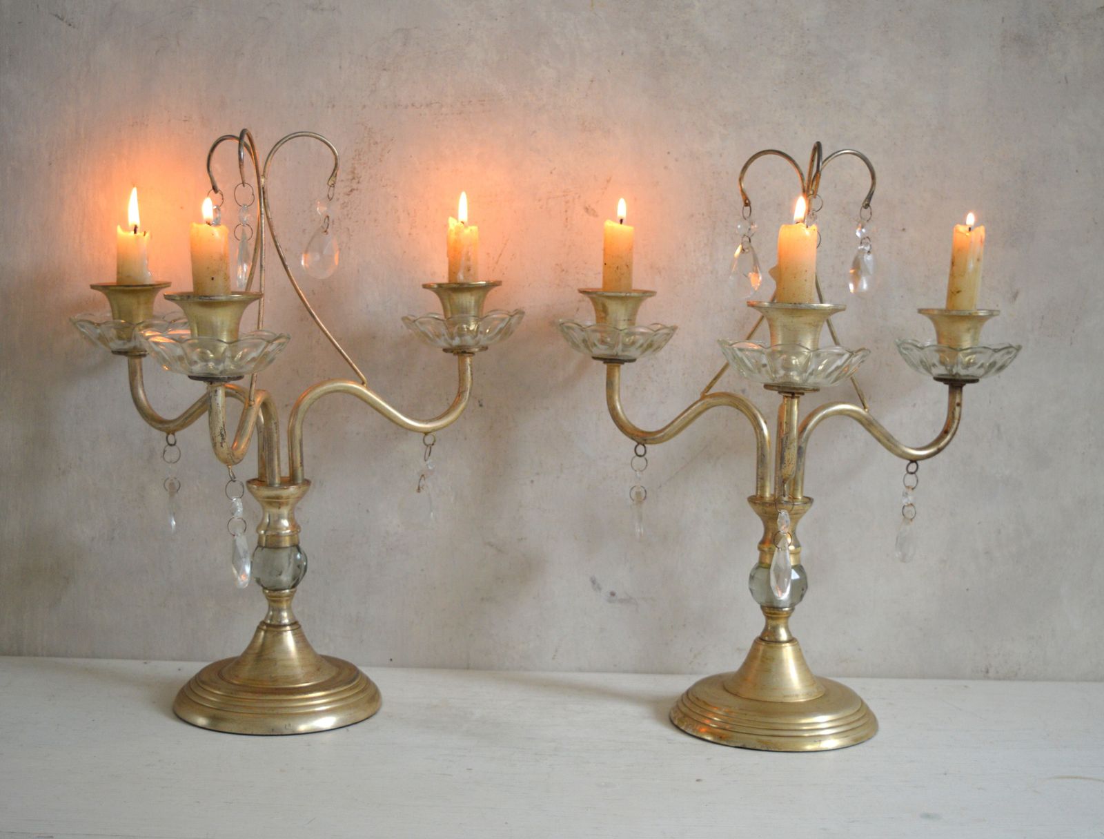 Vintage Pair French Style 3 Arm Candelabras, Blown Glass, Brass Gold Effect Candlesticks photo for sale
