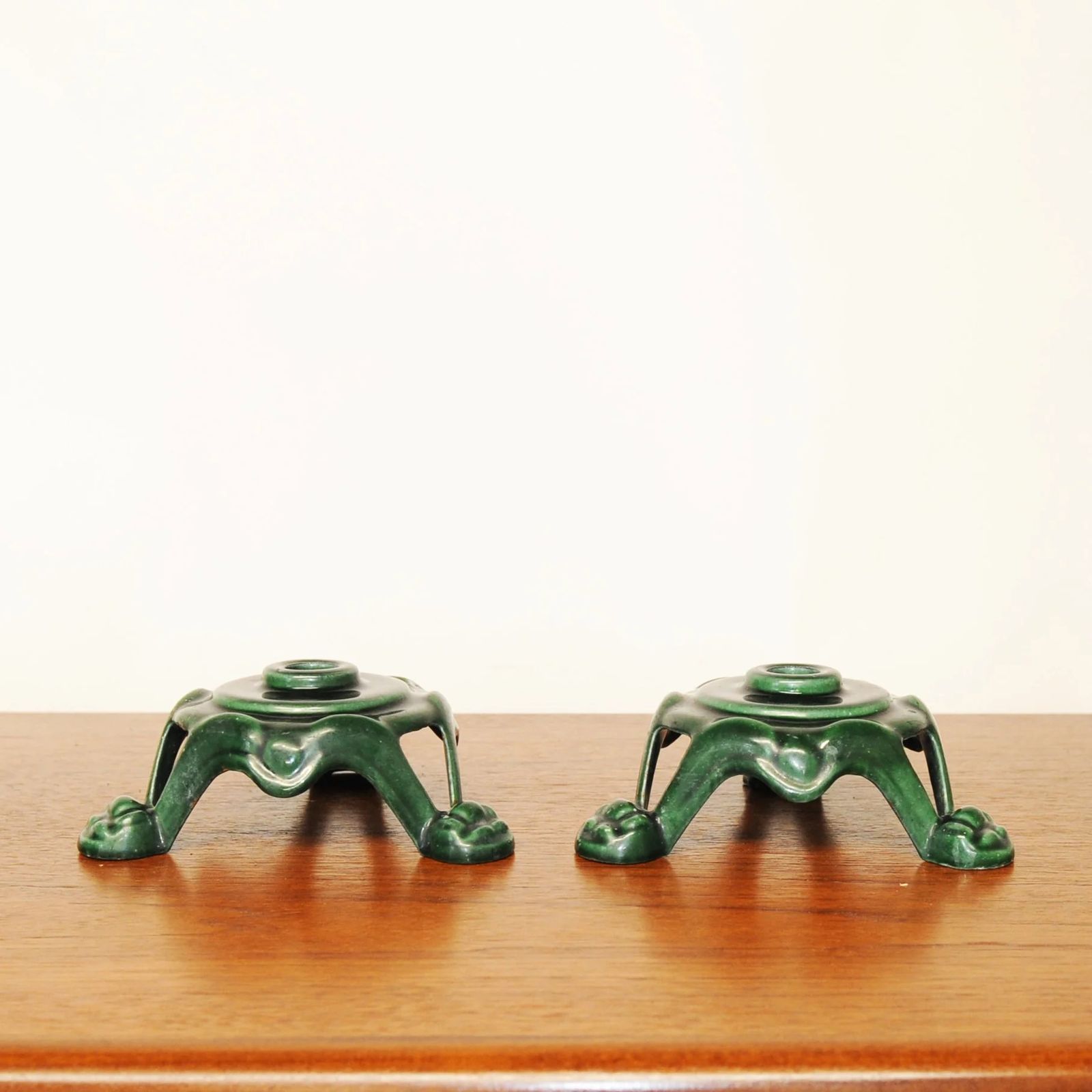 Pair Of Metal Candle Stick Holders In Green, 1970s photo vintage