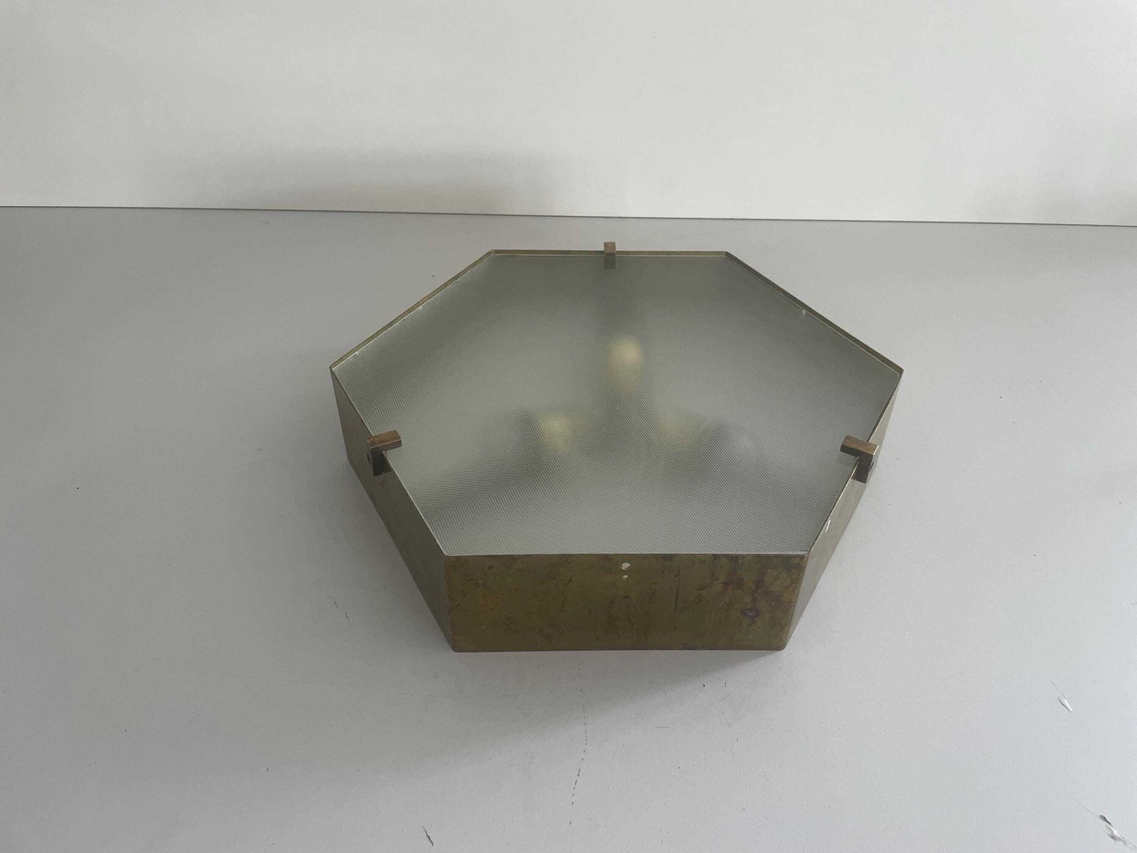 Exclusive Hexagonal Half Transparent Glass And Brass Frame Italian Flush Mount Light, In Style Of Gio Ponti   Arredoluce, 1960s, Italy