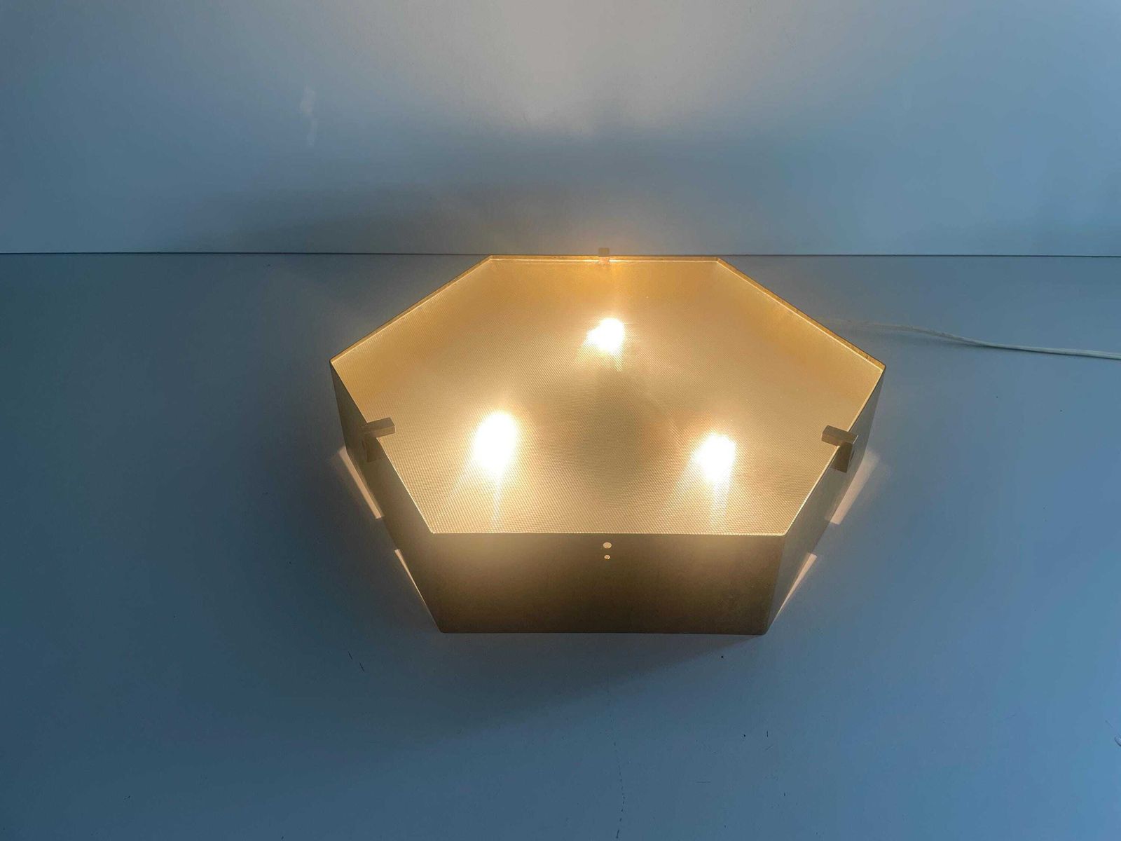 Exclusive Hexagonal Half Transparent Glass And Brass Frame Italian Flush Mount Light, In Style Of Gio Ponti   Arredoluce, 1960s, Italy photo furniture