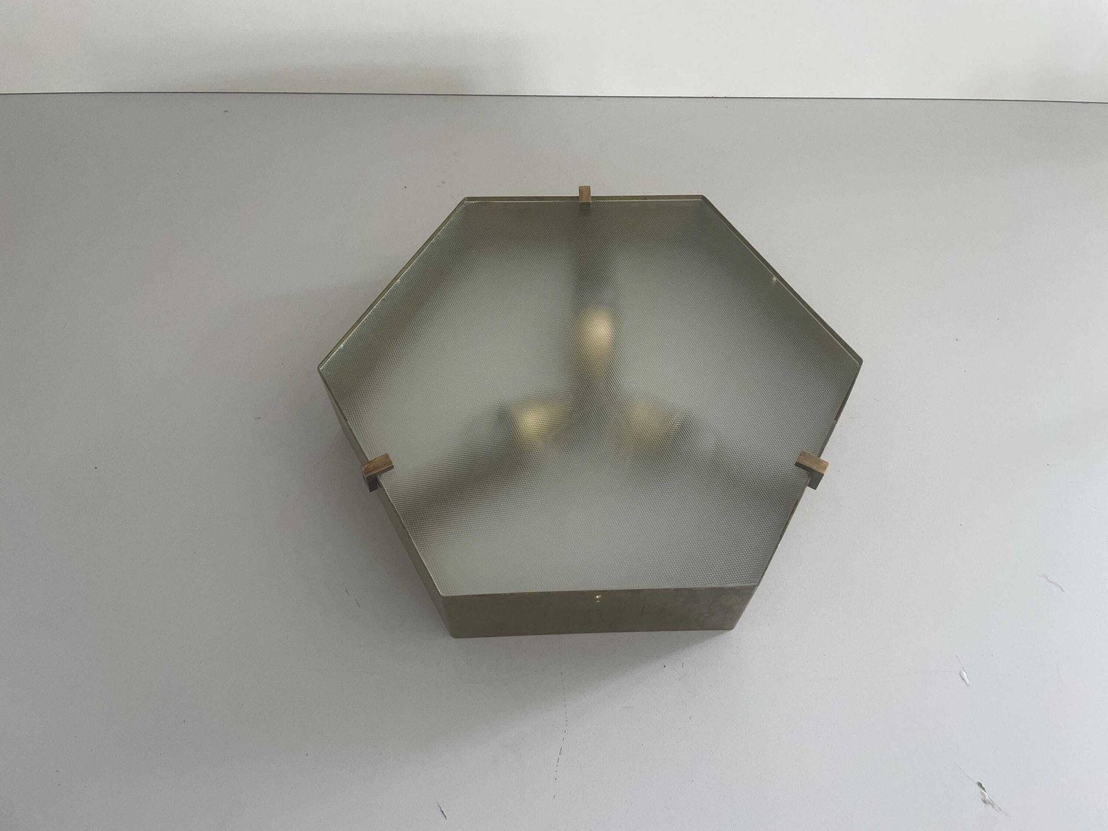 Exclusive Hexagonal Half Transparent Glass And Brass Frame Italian Flush Mount Light, In Style Of Gio Ponti   Arredoluce, 1960s, Italy photo 5537.0