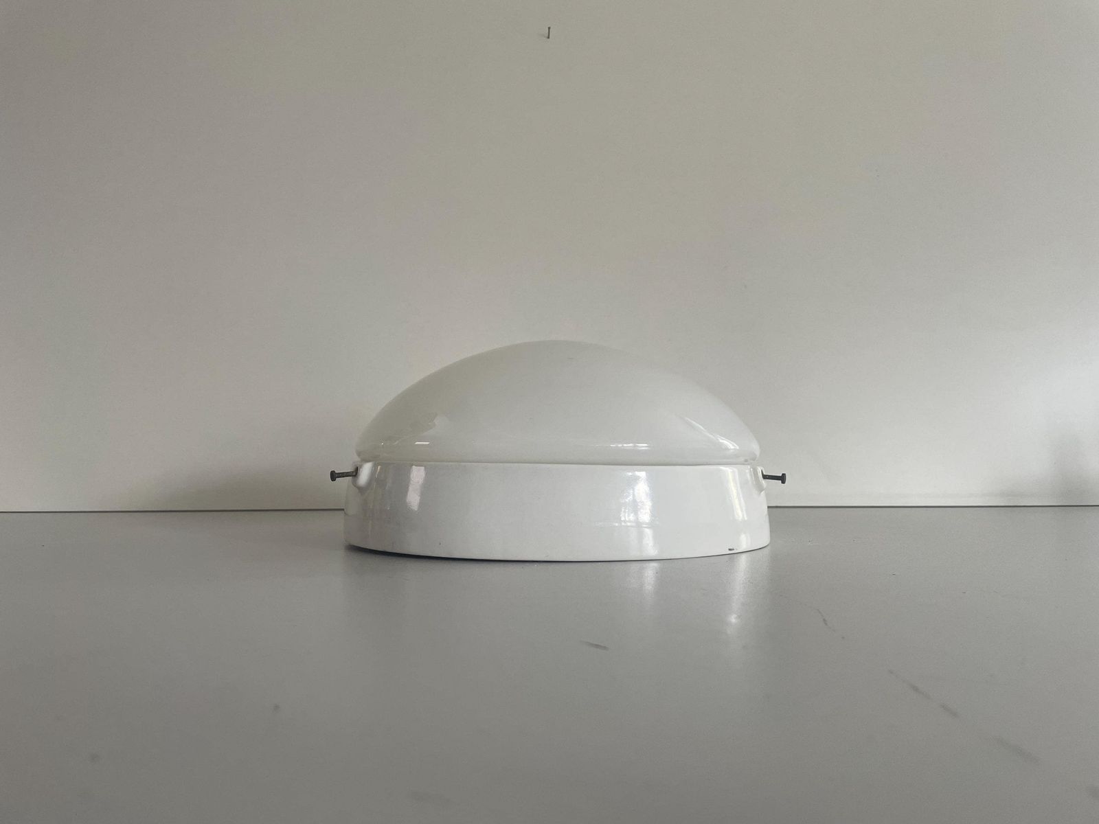 Round Opaline Glass And White Porcelain Single Bathroom Flush Mount Light, 1950s, Italy photo Lighting